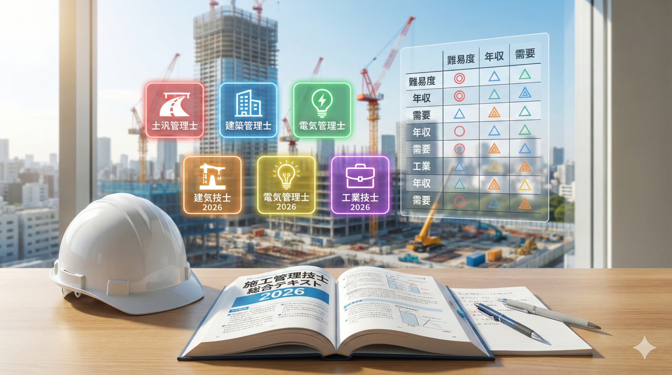 施工管理技士の資格テキストと建設現場のヘルメット