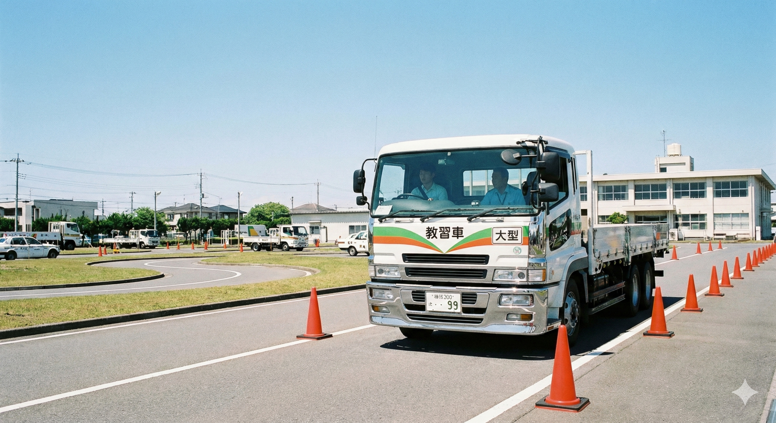 教習所で大型トラックの運転練習をしているイメージ画像