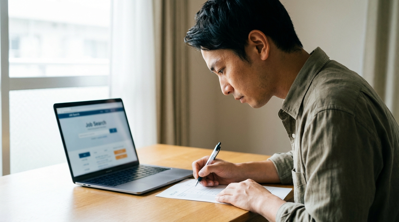 転職サイトを見ながら志望動機を書く男性のイメージ
