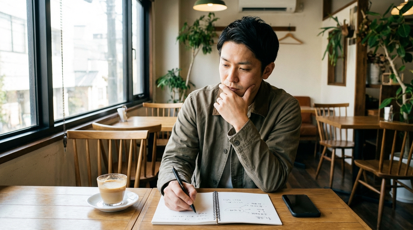 志望動機を考えながらノートに書き出す男性のイメージ