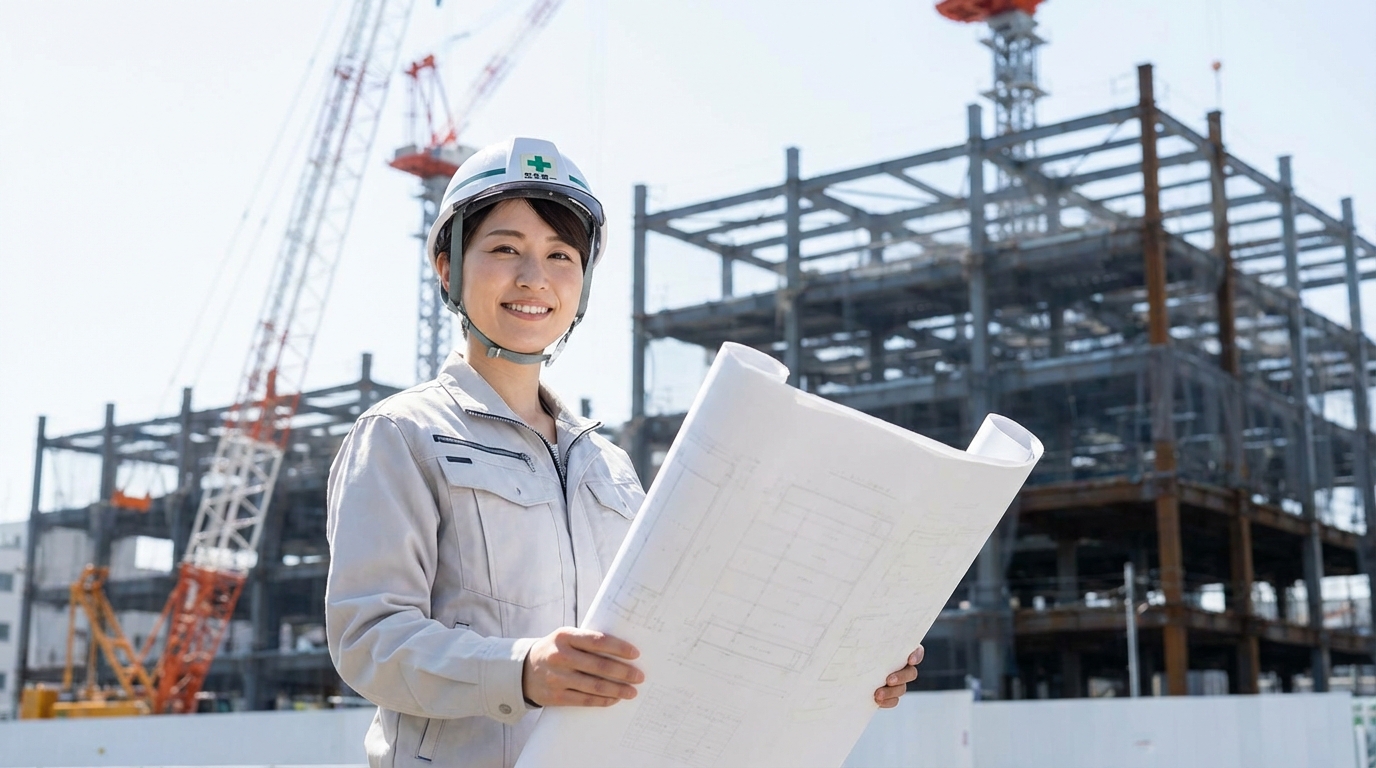 建設現場でヘルメットを着用し施工管理業務に従事する女性のイメージ