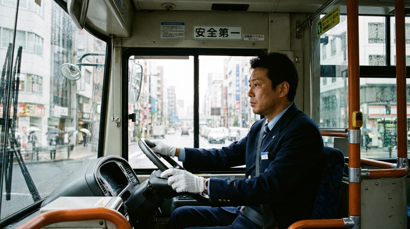 バス運転手として路線バスを運転する40代男性