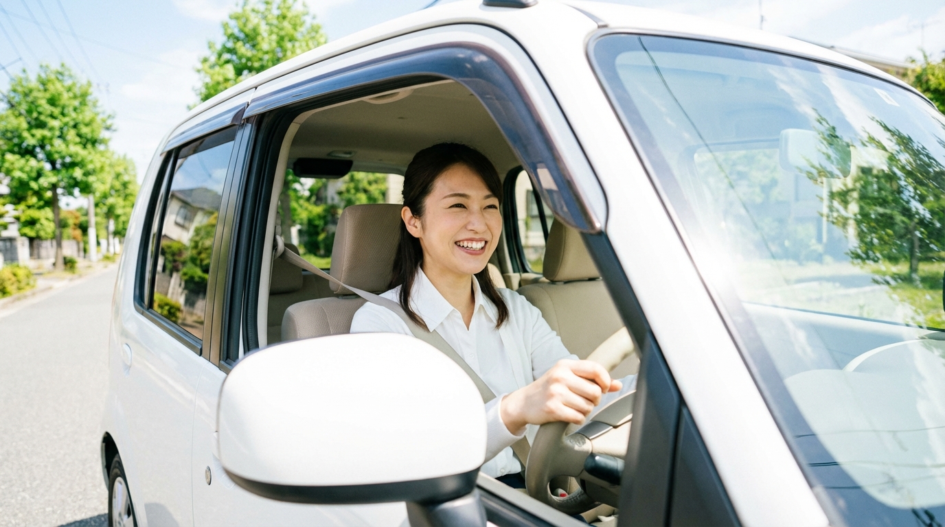 笑顔で車を運転する女性ドライバー