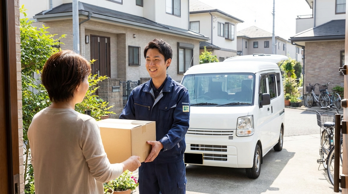 住宅街で荷物を配達する軽貨物ドライバーのイメージ