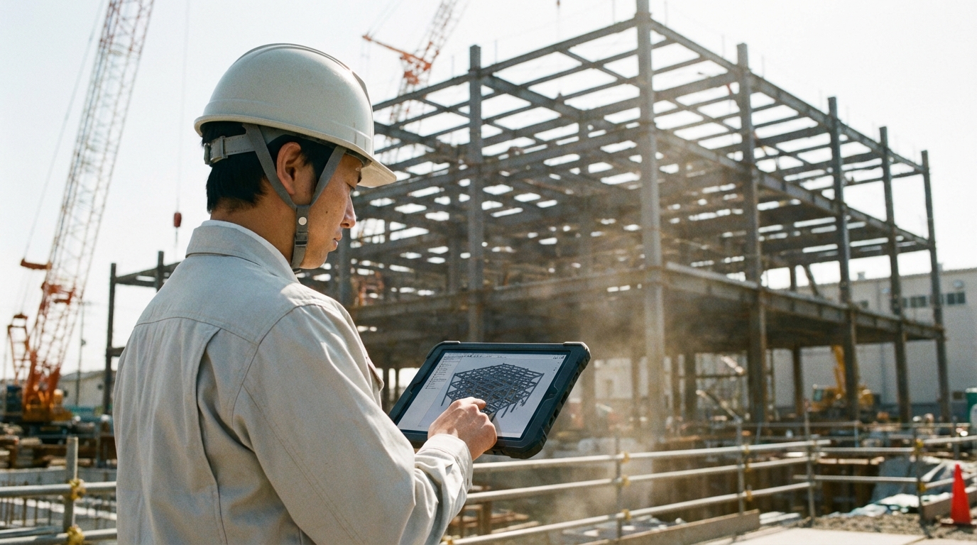 建設現場でタブレットを操作する施工管理技士のイメージ