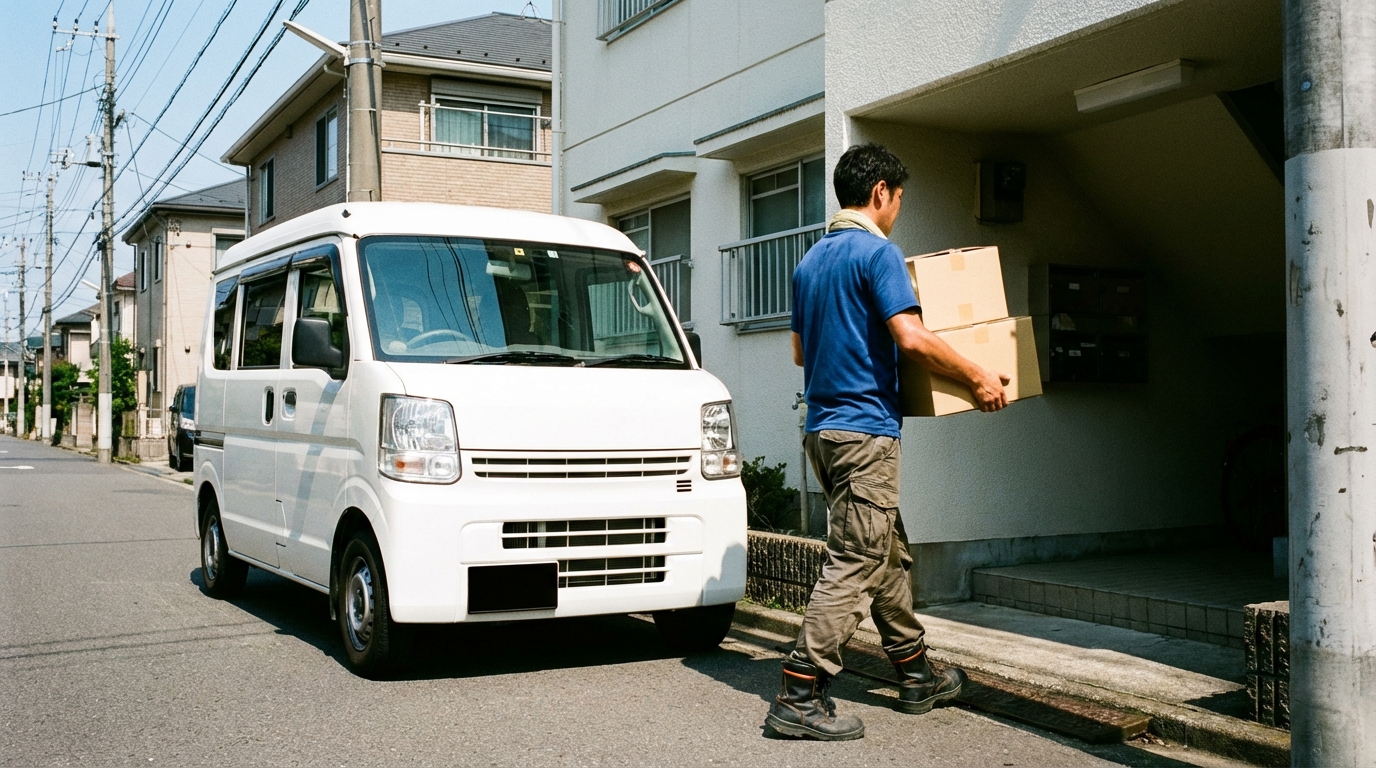 住宅街で荷物を配達する軽貨物ドライバーのイメージ