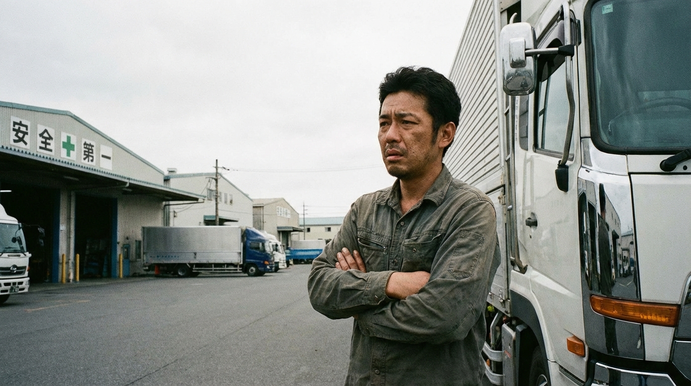 ドライバーとして働く男性が疲れた表情で考え込んでいるイメージ