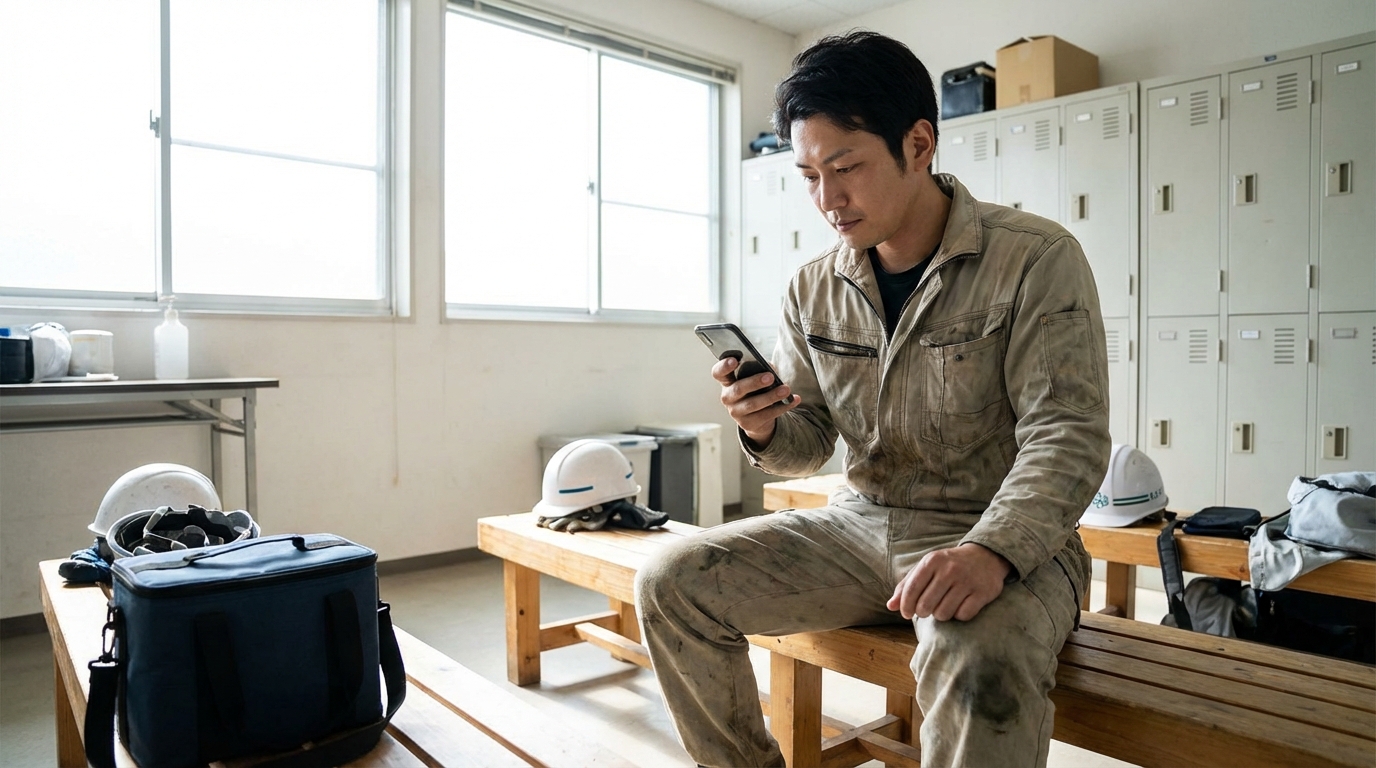スマートフォンで副業の情報を確認する工場勤務者のイメージ