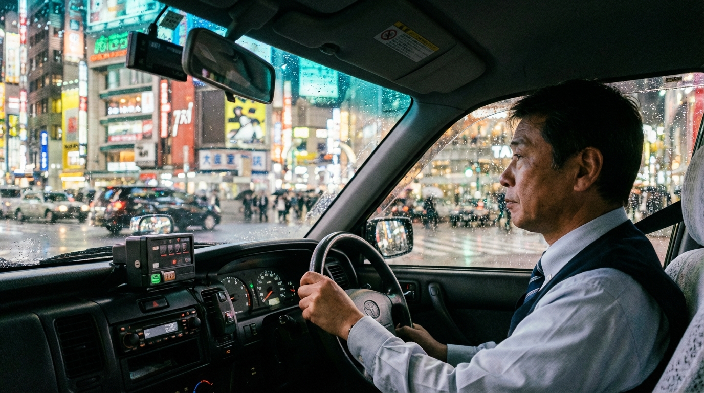 夜の都市をタクシーで走るドライバーのイメージ