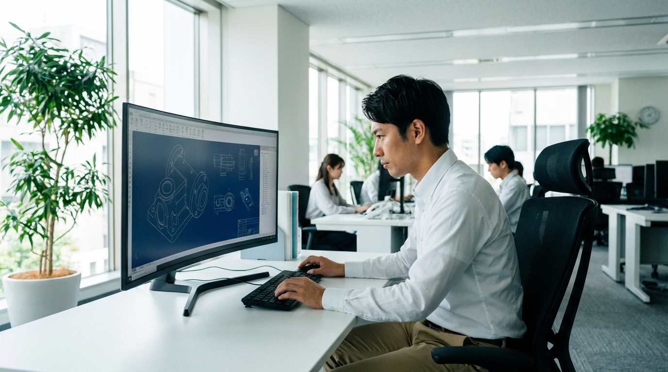機械設計エンジニアが図面を確認している場面