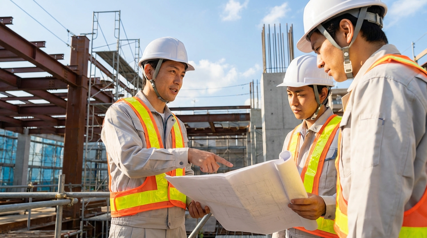 施工管理の現場で指示を出す30代男性