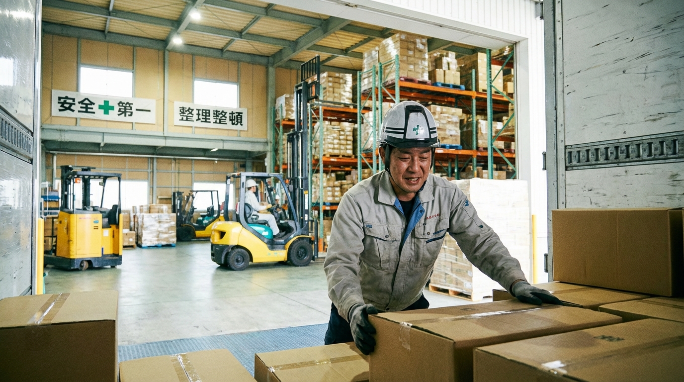 40代の男性が物流倉庫でトラックに荷物を積んでいる様子