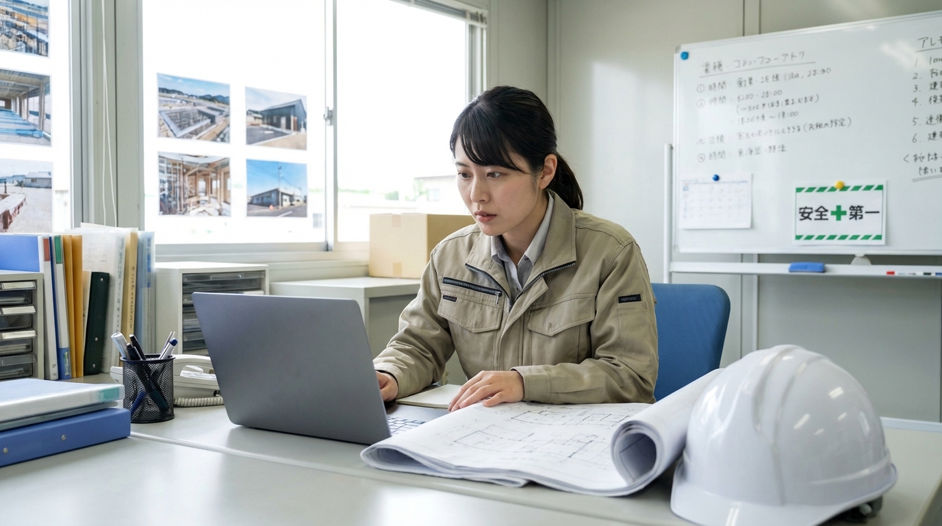 オフィスで施工図面を確認する女性施工管理のイメージ