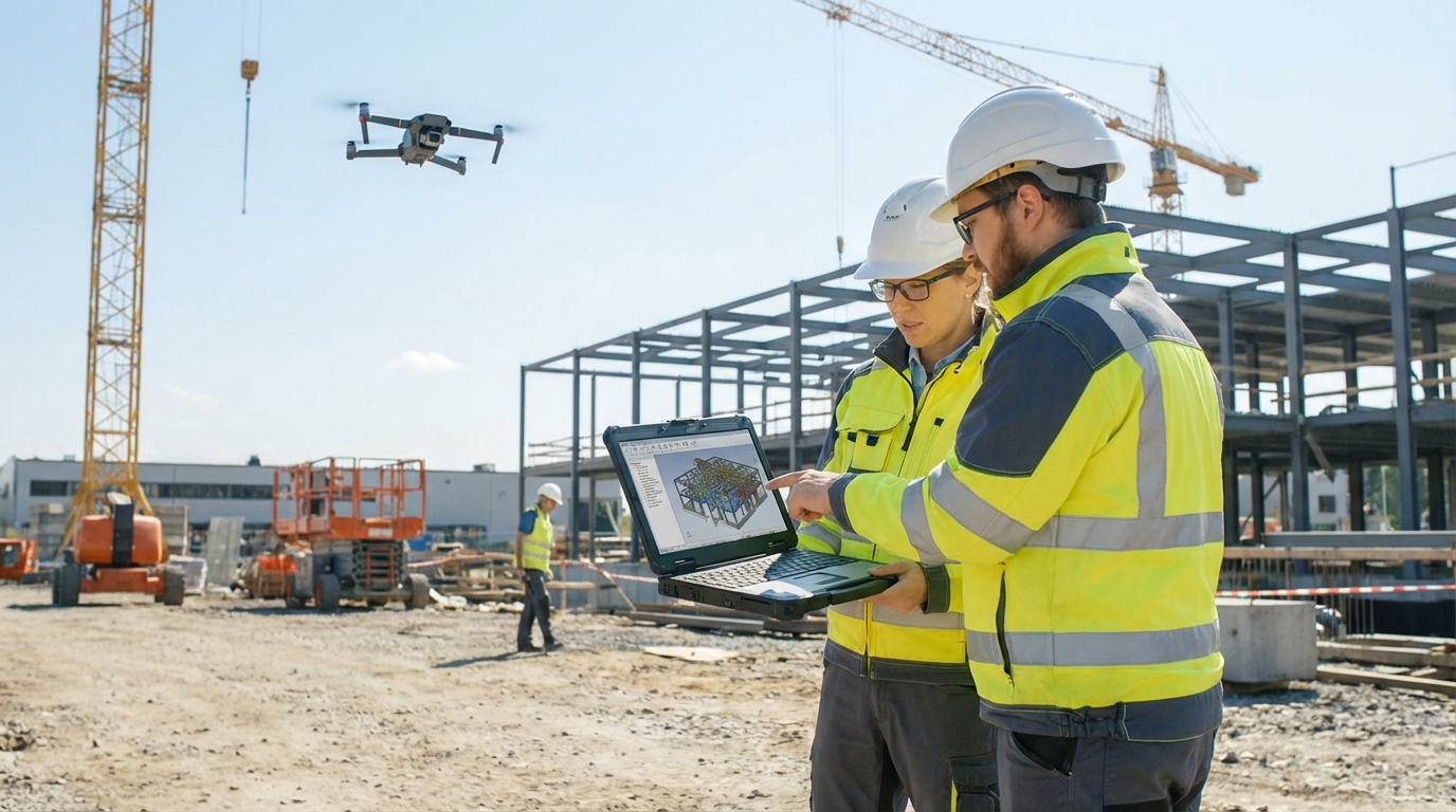 ドローンとBIMモデルを活用する建設現場のイメージ