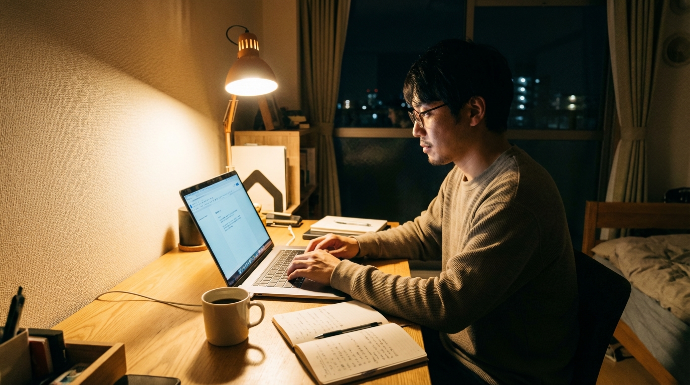 自宅のデスクでパソコンに向かいWebライティングの副業をする男性のイメージ