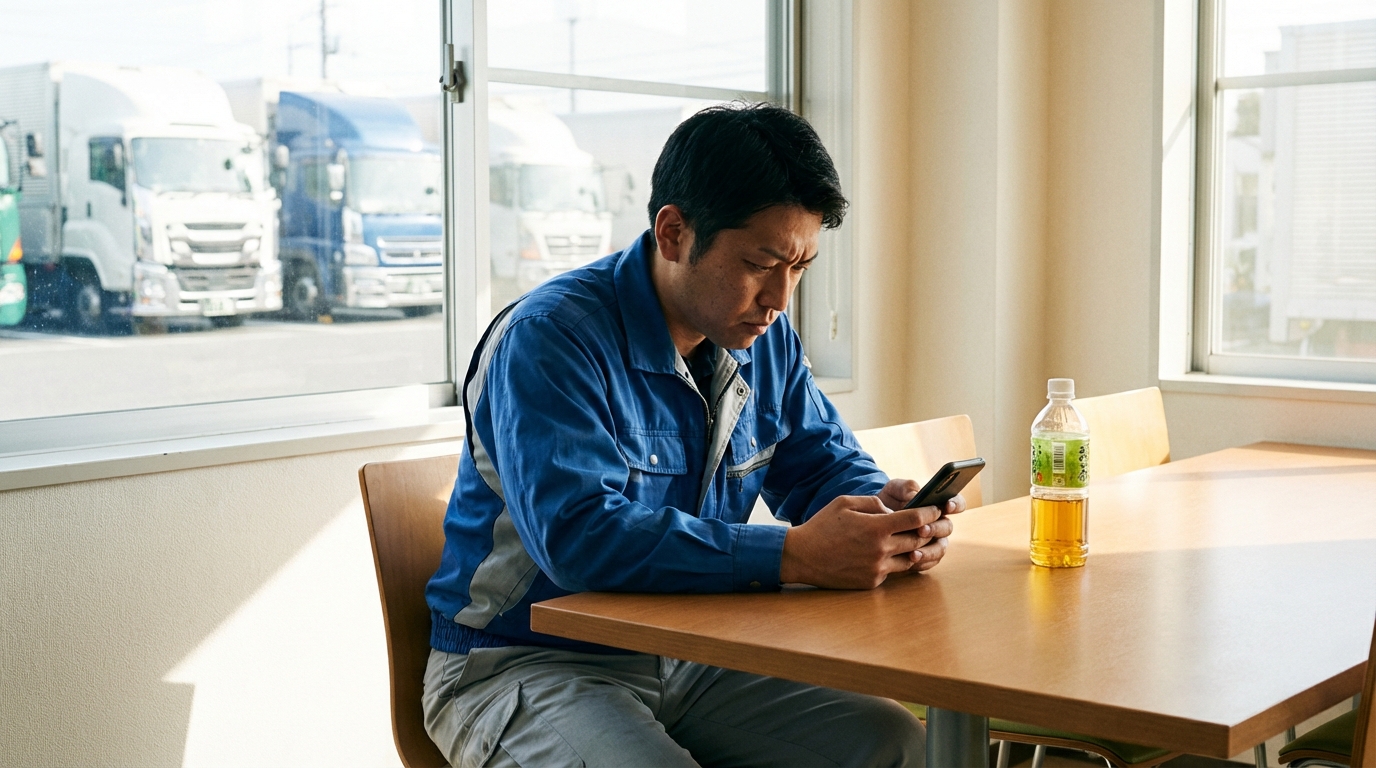 運送会社の休憩室で情報収集するドライバーのイメージ