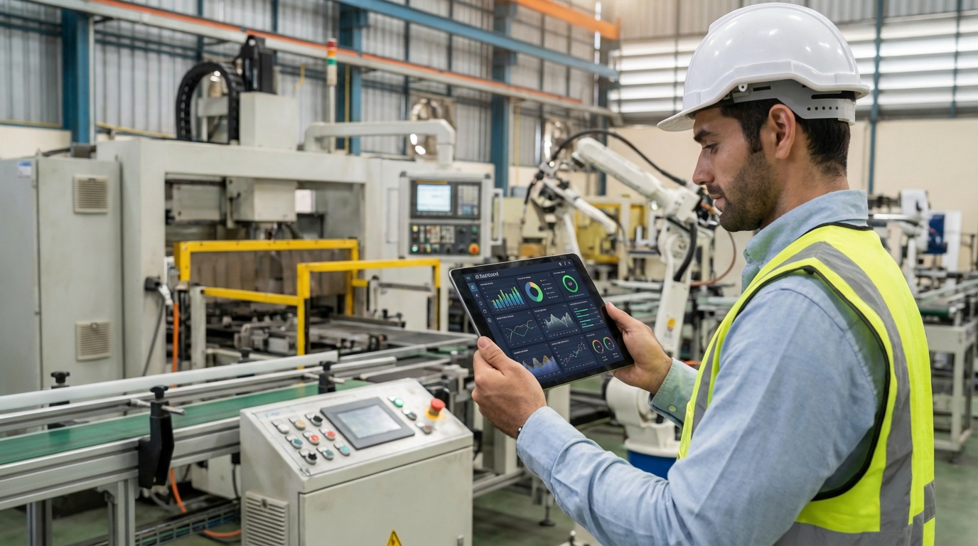 スマート工場でタブレットを操作する製造業の技術者のイメージ