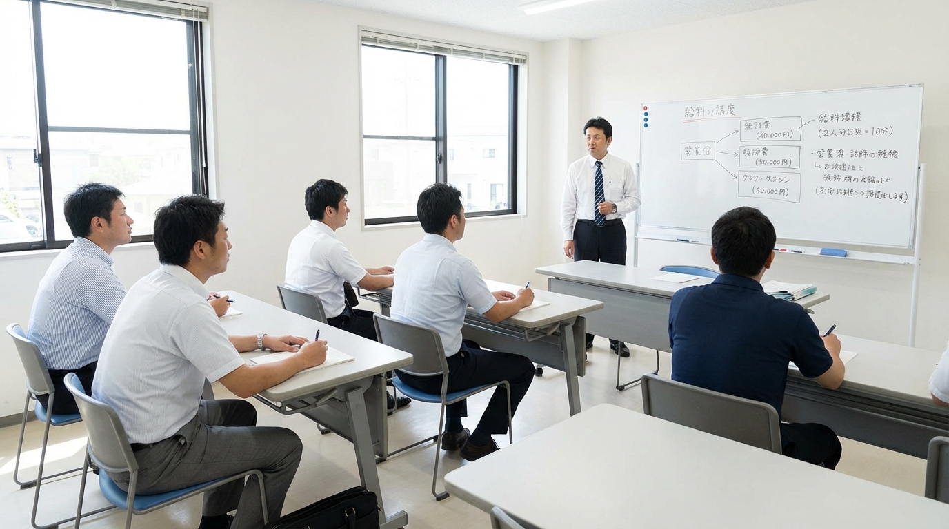 タクシー会社の研修で給与体系について説明を受ける新人ドライバーのイメージ