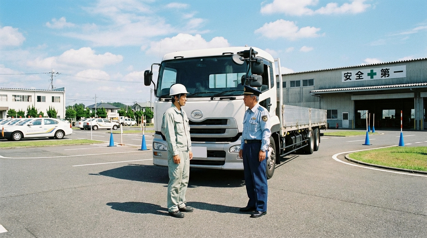 自動車教習所で大型トラックの運転を練習する教習生
