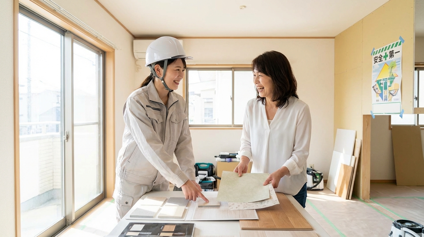 リフォーム現場で施主と打ち合わせをする女性施工管理のイメージ