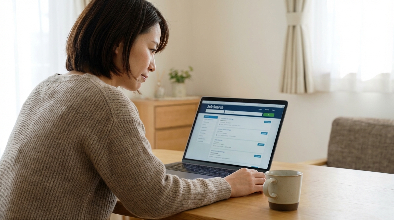 転職を検討している女性がパソコンで求人を調べているシーン