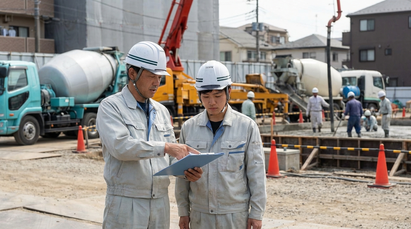 現場で若手に指導する施工管理技士のイメージ