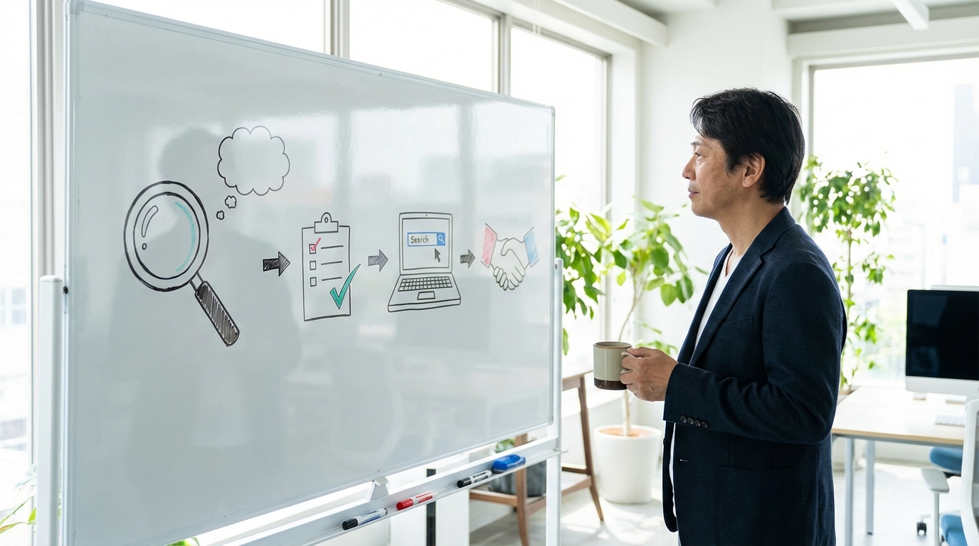 転職活動のステップを示すイメージ（自己分析からスキル棚卸し、求人探し、面接対策）