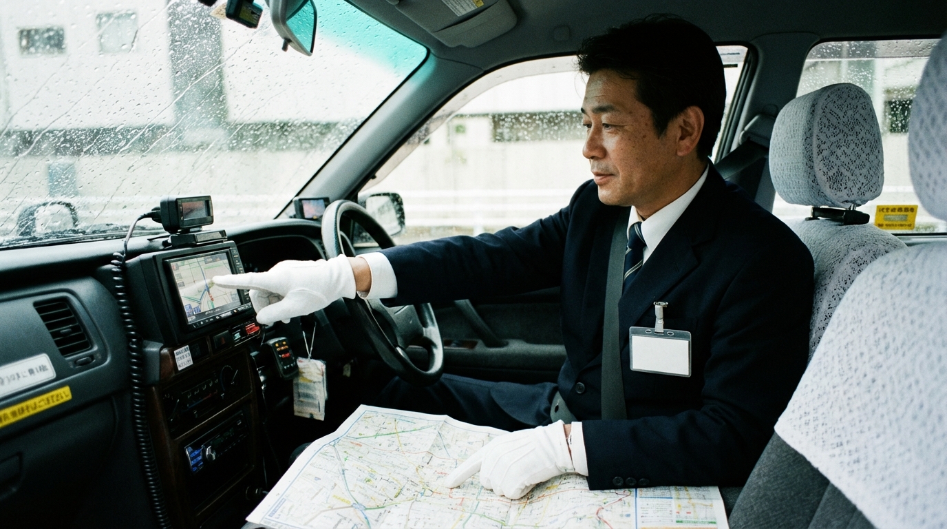 ベテランタクシードライバーが地図を見ながら効率的なルートを確認しているイメージ