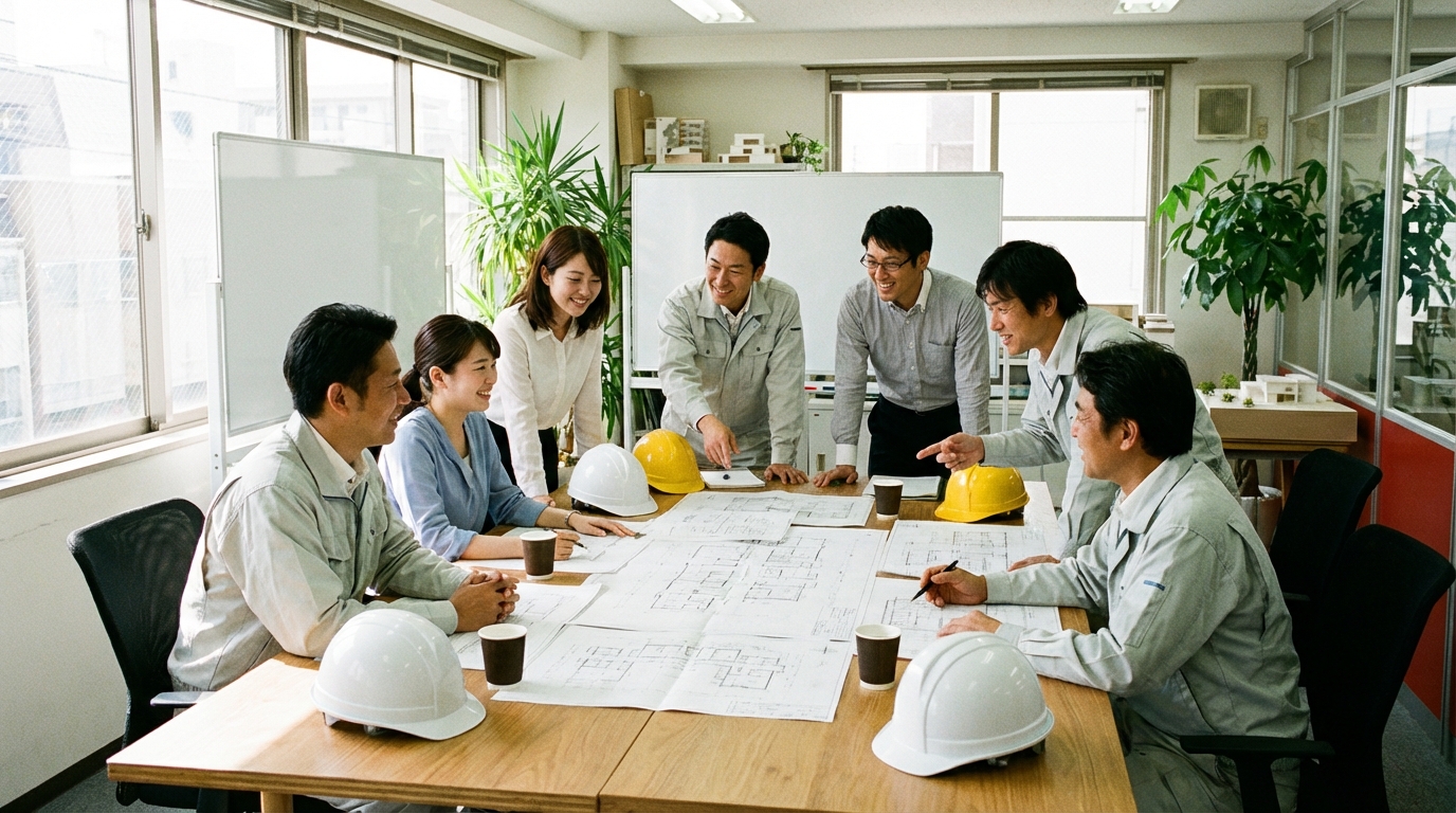 施工管理の現場監督がスタッフに指示を出しているイメージ