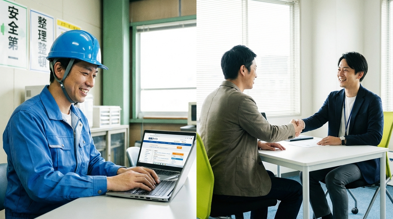 転職活動をする工場作業員がパソコンで求人を検索している