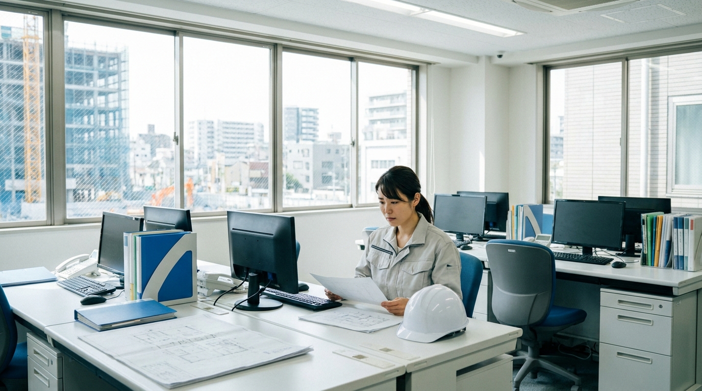 施工管理の女性が事務所で退職について悩んでいる実写風画像