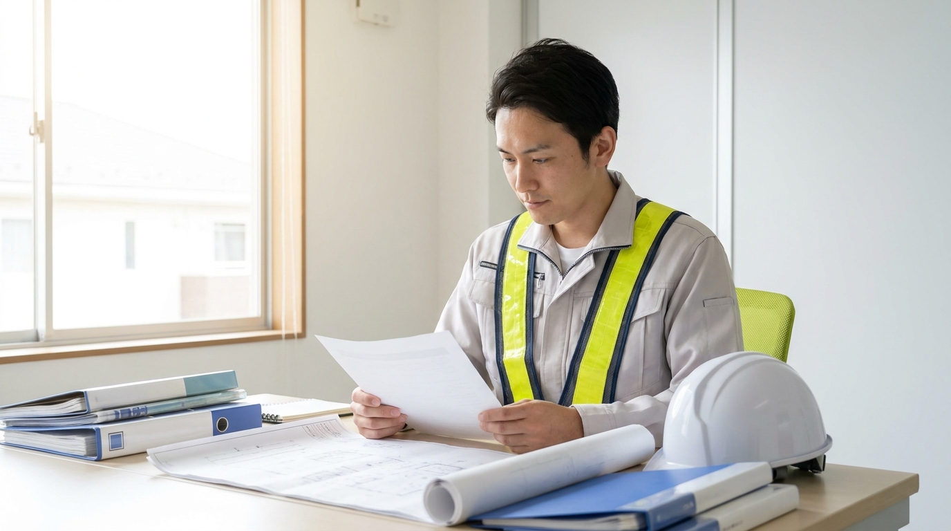 施工管理の男性が事務所で退職書類を確認している実写風画像