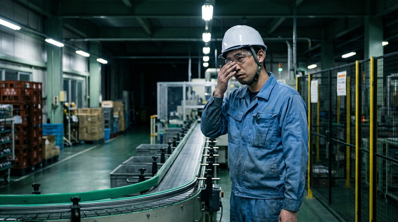 工場の夜勤から転職を考える男性