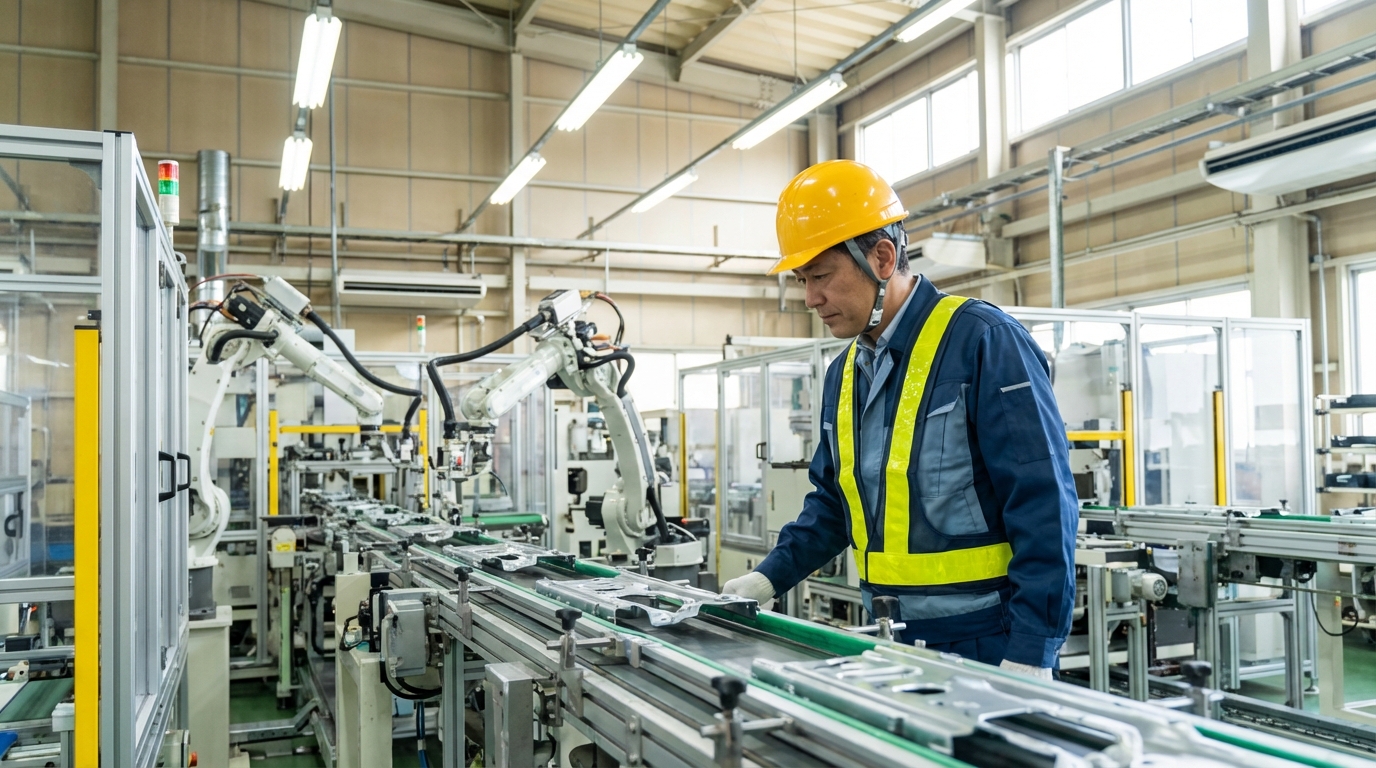 工場の製造ラインで作業する日本人男性