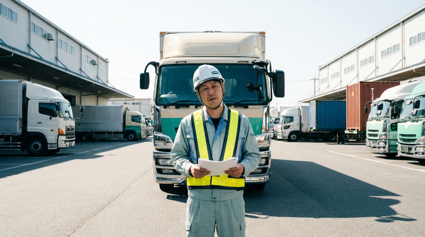 運送業の現場でトラックの前に立つドライバー。疲れた表情で書類を持っている