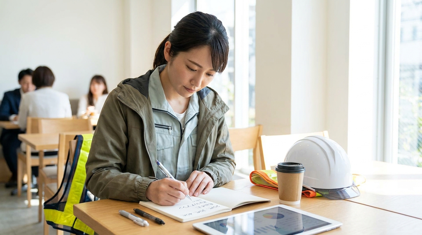 施工管理の女性が年代別のキャリアを選択している場面の実写風画像