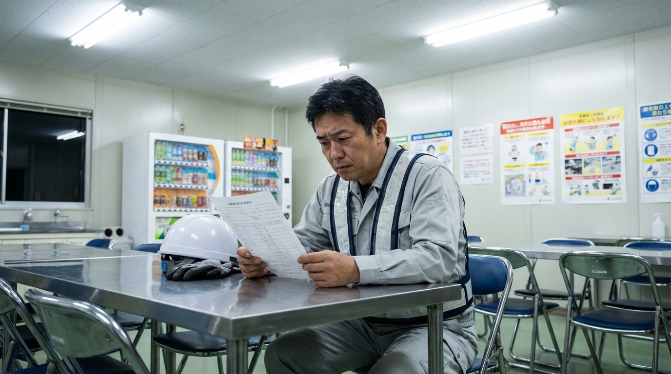 夜勤で疲弊した工場作業員が健康状態を確認している様子