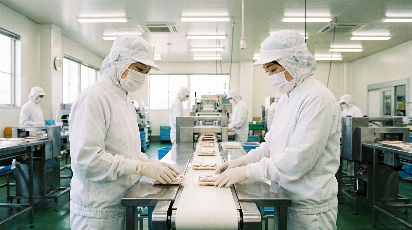 工場内作業ラインで立ち仕事をする日本人女性パート