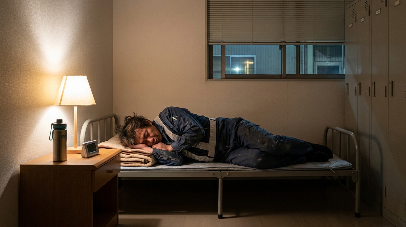 疲れた表情で仮眠を取る工場勤務の男性、三交代の健康リスク