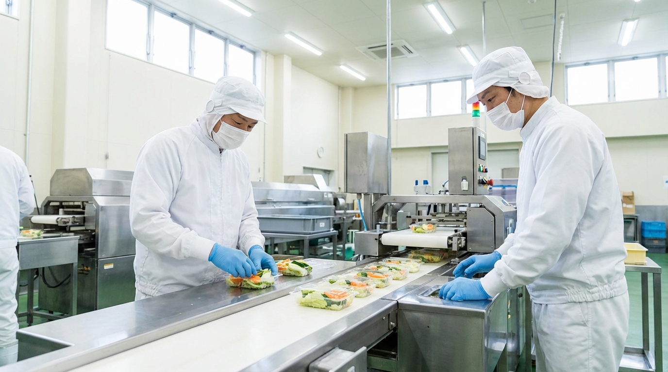 製造工場でライン作業をする40代の日本人男性