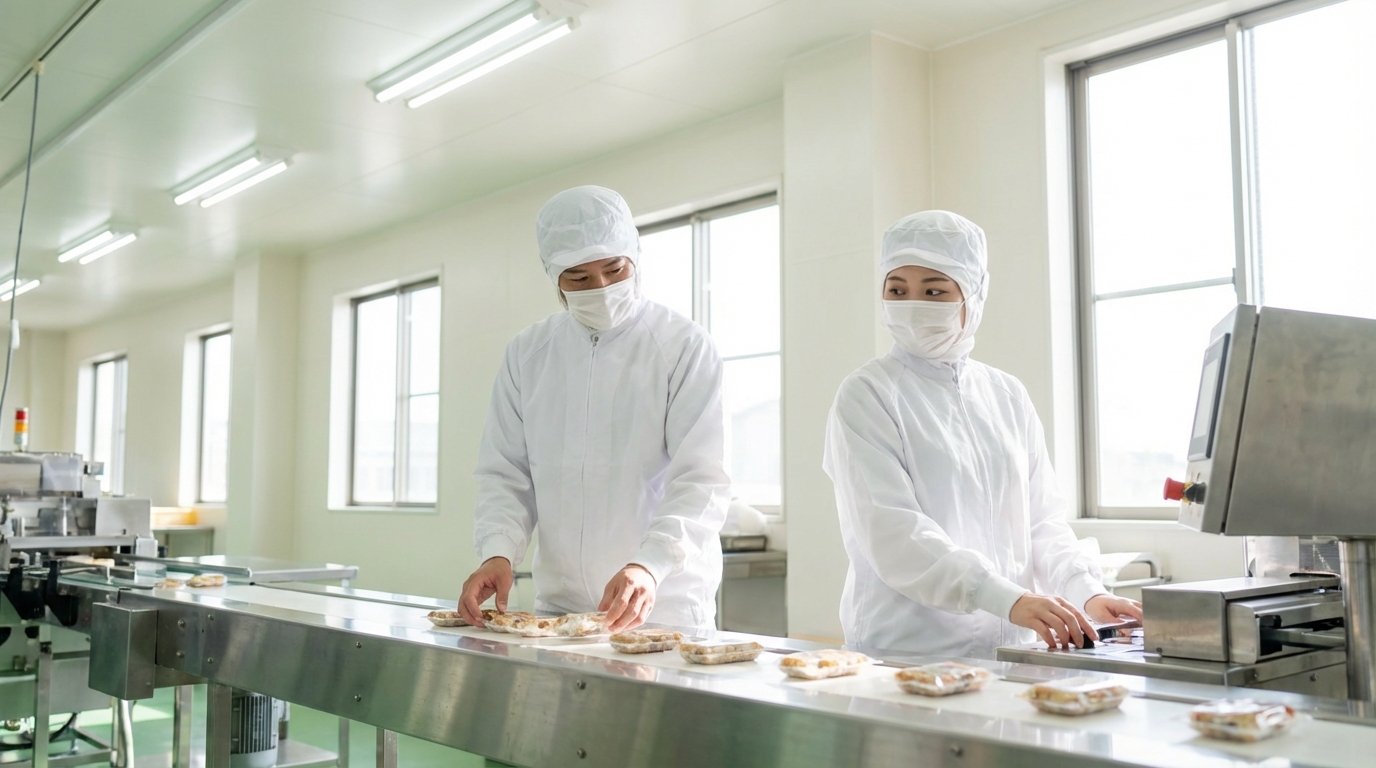 製造業工場での作業風景、ライン作業をする日本人作業員