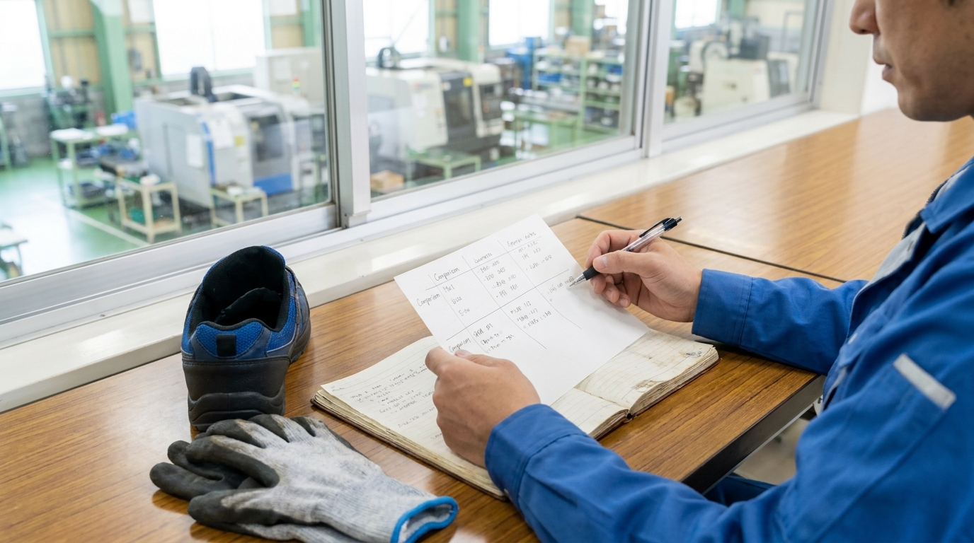 退職代行の比較資料を確認する工場作業員の手元