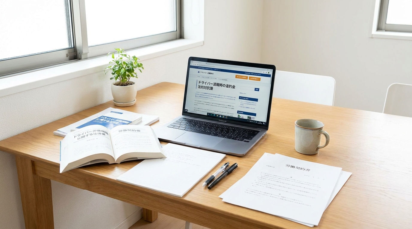 法律の本と書類を机に置いた場面。労働問題の法的対抗策を調べるイメージ