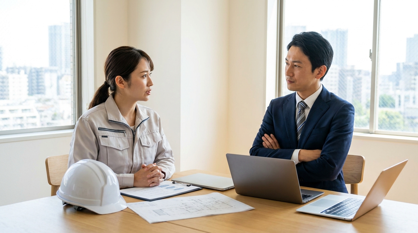 施工管理の女性が上司と話し合いをしている実写風画像
