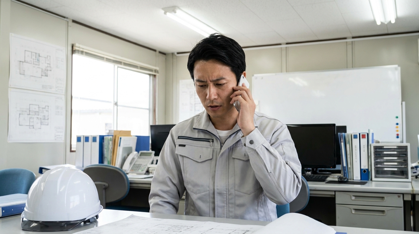 施工管理者が派遣会社担当者と電話で退職相談をしている実写風画像