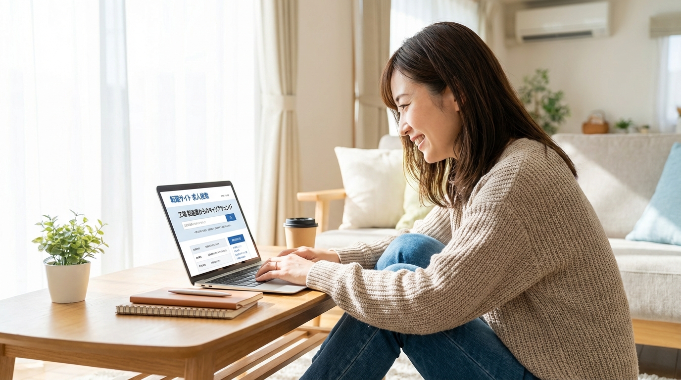 転職活動中の日本人女性がノートパソコンで求人を検索している実写風写真