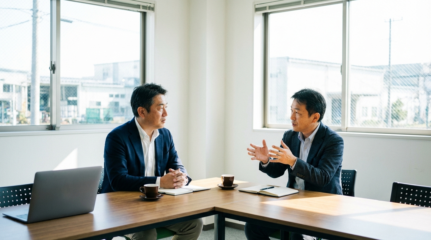 工場の面接で話す40代の日本人男性と採用担当者