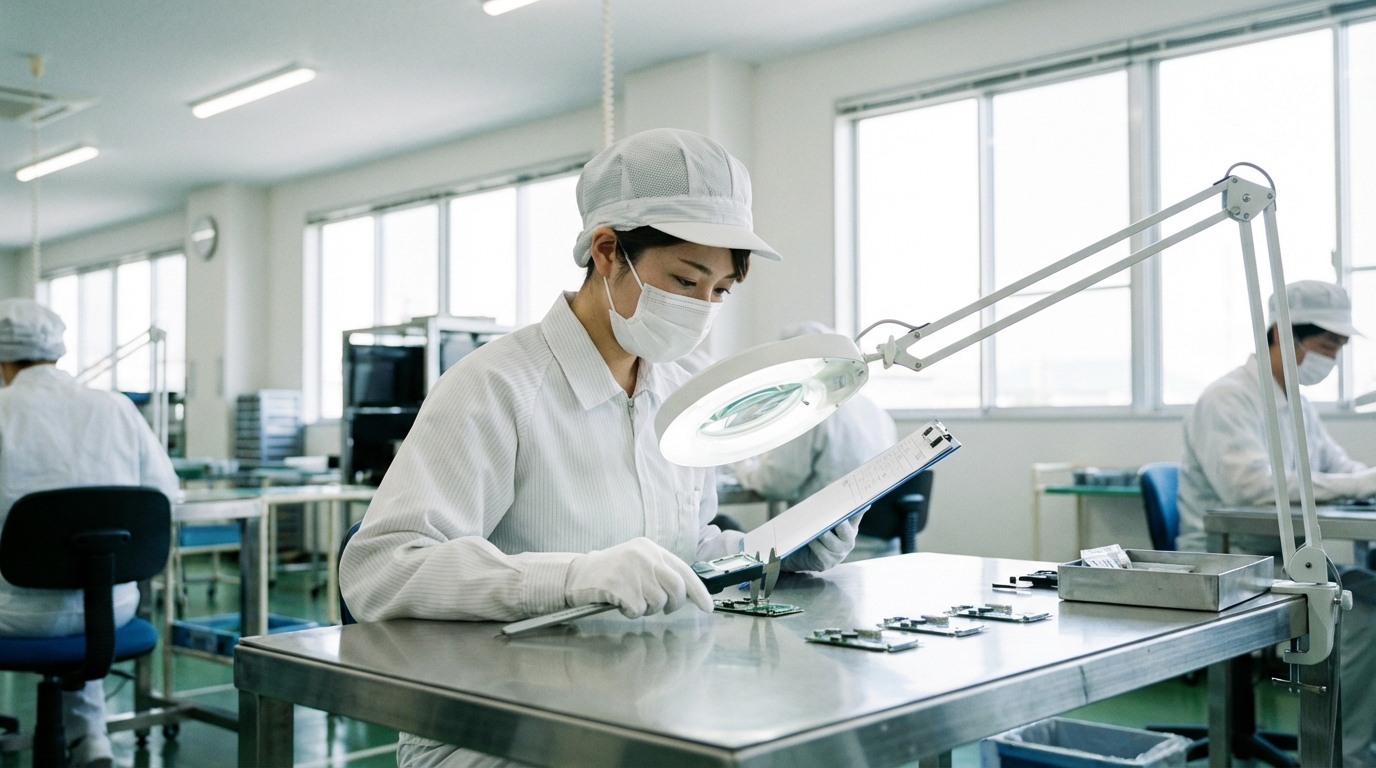 工場の製造ラインで品質チェックをする日本人作業員