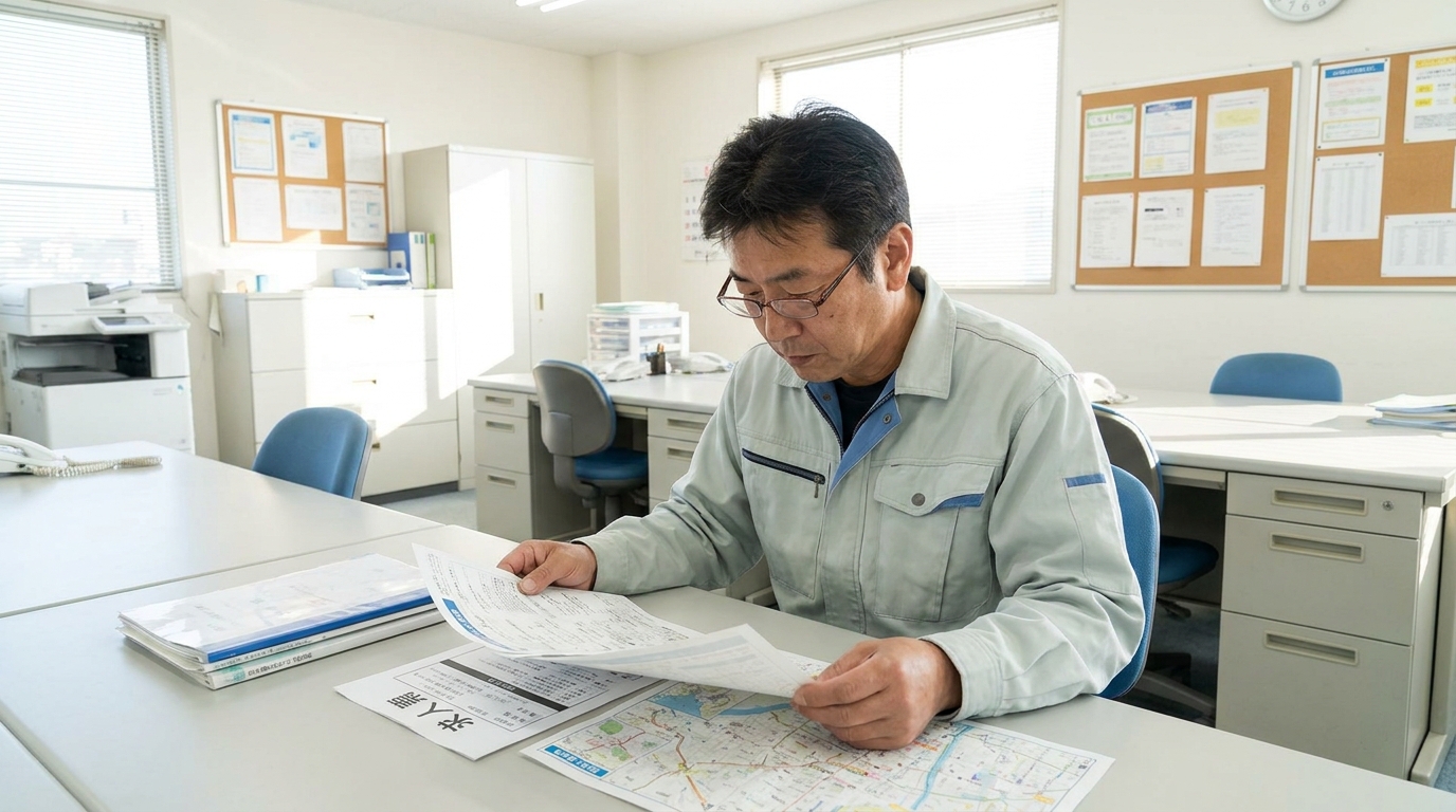 50代ドライバーが求人票を確認している実写風画像