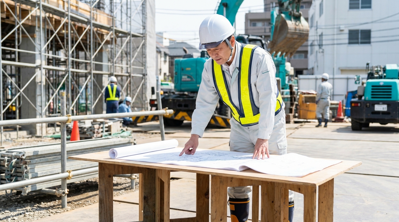 50代の施工管理者が建設現場で図面を確認している様子